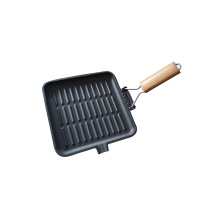 square cast iron fry pan/grill pan with foldable wood handle